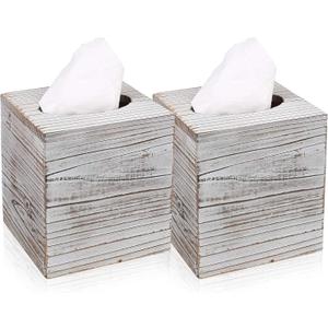 White Barnwood Tissue Box Cover: 2 Pack Tissue Box Holder Includes Slide-Out Bottom Panel, Stylish Tissue Box Cover Square Perfect for Farmhouse Bathroom Decor, 