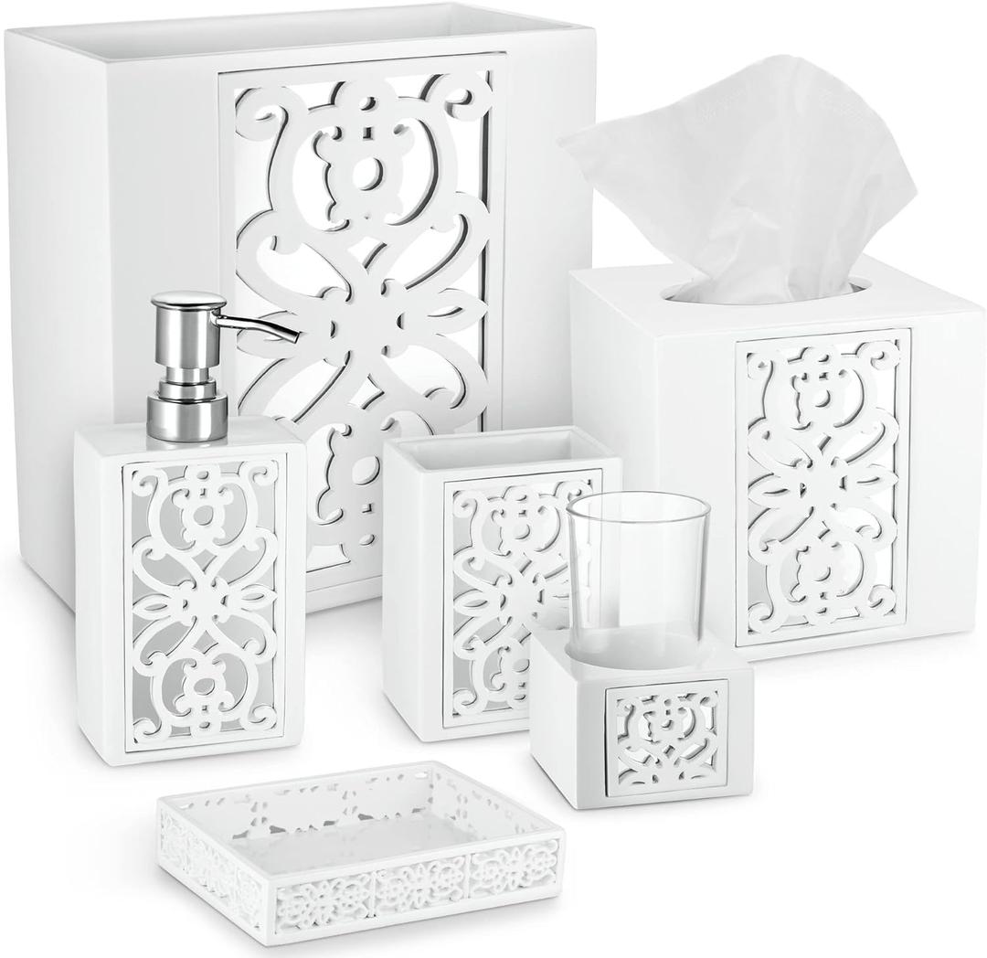 Creative Scents Mirror Janette White Bathroom Accessories Set Complete - 6 Piece Bathroom Set Includes: Soap Dispenser, Toothbrush Holder, Tumbler Cup, Soap Dish, Tissue Cover, and Wastebasket