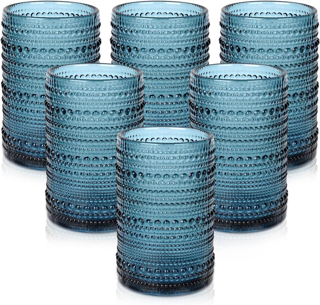 FayuuGem Hobnail Drinking Glasses, 6 Highball Glasses 15 Oz, Embossed Old Fashioned Glassware for Water, Wine, Beer, Juice, Mixed Drinkware (Cornflower Blue)