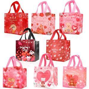 Valentine Gift Bags, 8 Pcs Medium Size Bulk Valentine Bags for Gifts, Reusable Non-Woven Valentines Tote Bag with Handles Treat Bag Perfect for Valentine's Day Holiday Gift Wrap Goody Party Favor (1 Count (Pack of 8))