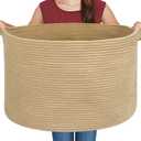 Extra Large Storage Basket, 22" X 22" X 14" Stuffed Animal Basket for Living Room Kids Room, Soft Cotton Rope Bin With Handle, Throw Blanket Storage, Stuffed Animal Toy Organizer Box (Jute)