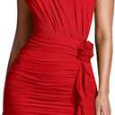 Milumia Women's 3D Flower One Shoulder Ruched Bodycon Mini Dress Sleeveless Mock Neck Asymmetrical Dress (Large, Red)