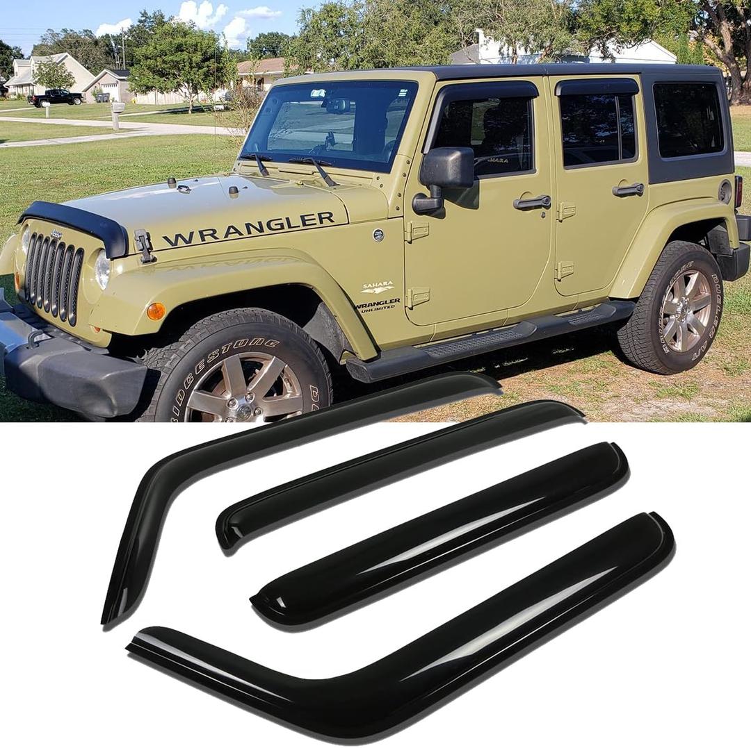 94249 Original Side Window Visor Deflector Rain Guard, Outside Mount Tape-on Shatterproof Dark Smoke,4pcs Window Shades fit for 2007-2018 Jeep Wrangler 4-Door (JK)
