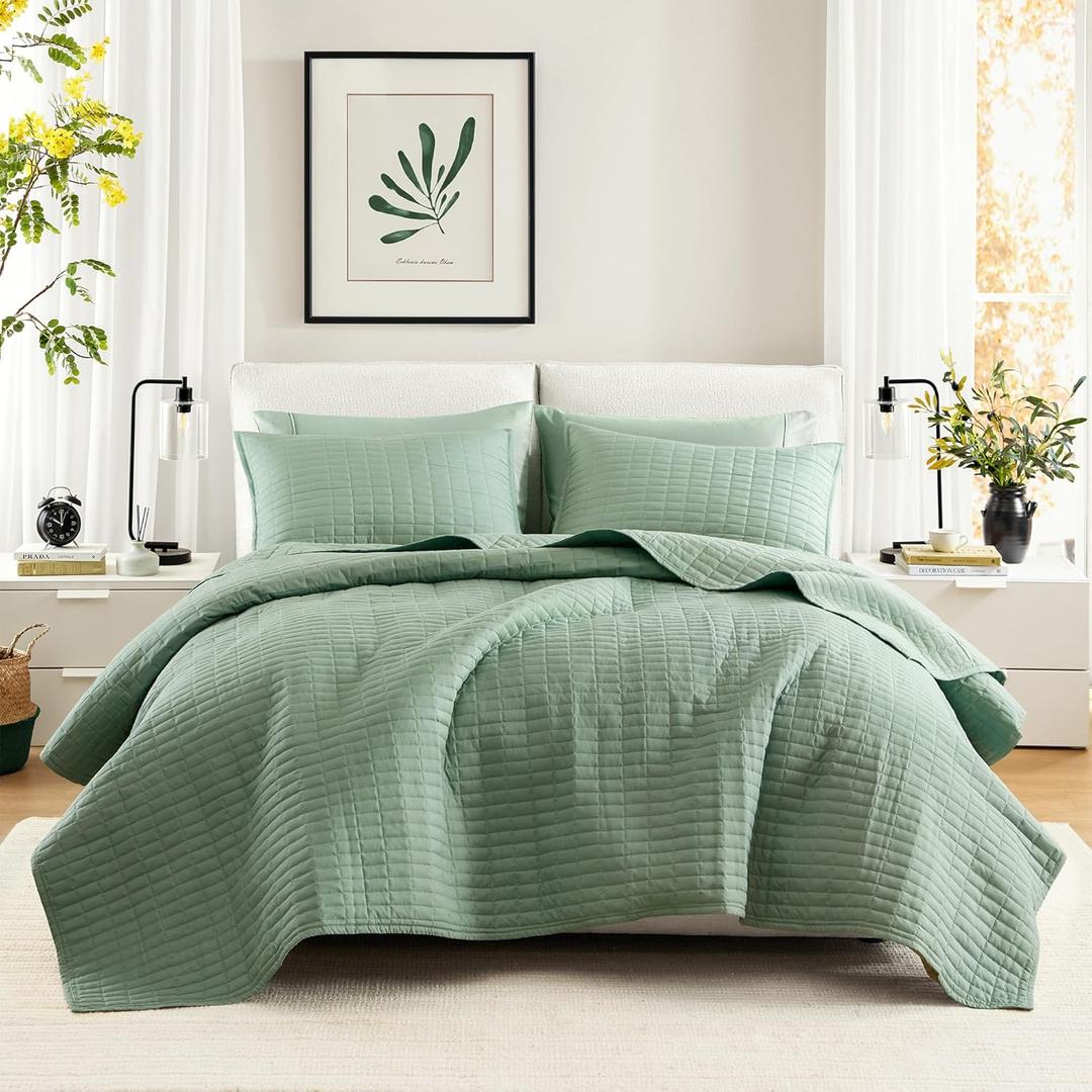 Comfort Spaces Kienna Quilt Set-Luxury Double Sided Stitching Design Summer Blanket, Lightweight, Soft, All Season Bedding Layer, Matching Sham, Sage Green, Coverlet Full/Queen(90"x90") 3 Piece (Quilt Full/Queen(90"x90"))