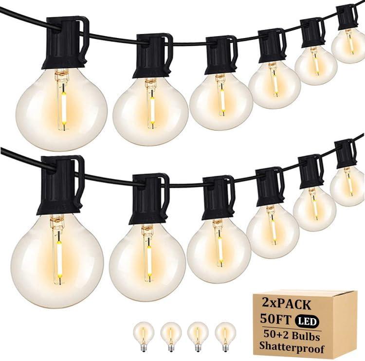 100FT Outdoor String Lights with 102 Shatterproof G40 LED Clear Globe Bulbs for Indoor/Outdoor, 2-Pack 50FT Connectable Hanging Lights for Party Decor
