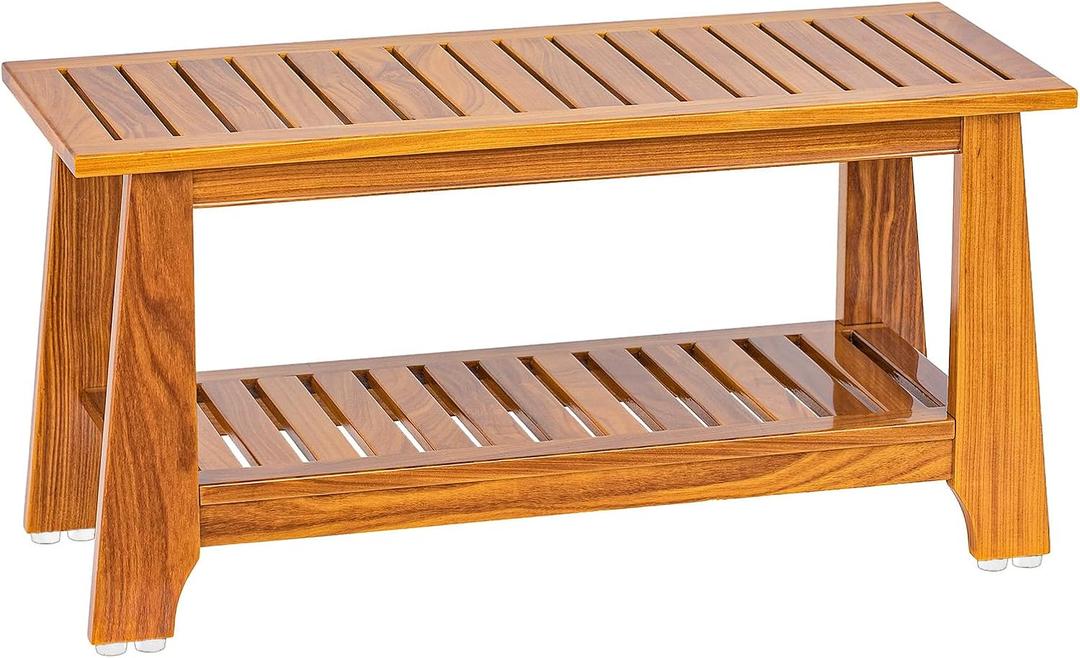 NNN 24" Commercial Teak Shower Bench - 8 Non-Slip Leveling Feet & 350 lbs Capacity | Rock-Solid Stability for Seniors & Spa Safety | Waterproof Design for Saunas/Outdoor Pools (Patented) (24"W x 12.6" Dx 18"H)