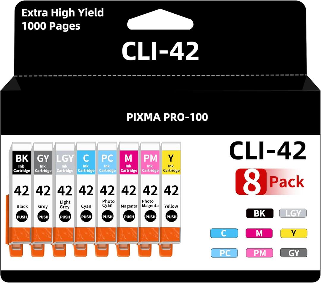 Greenland Office CLI42 Ink Cartridges Compatible for Canon PRO 100 Ink Cartridge for Canon CLI42 CLI42 CLI 42 Ink Cartridges Value Pack for Pixma PRO100 PRO100S Printer(8 Color)