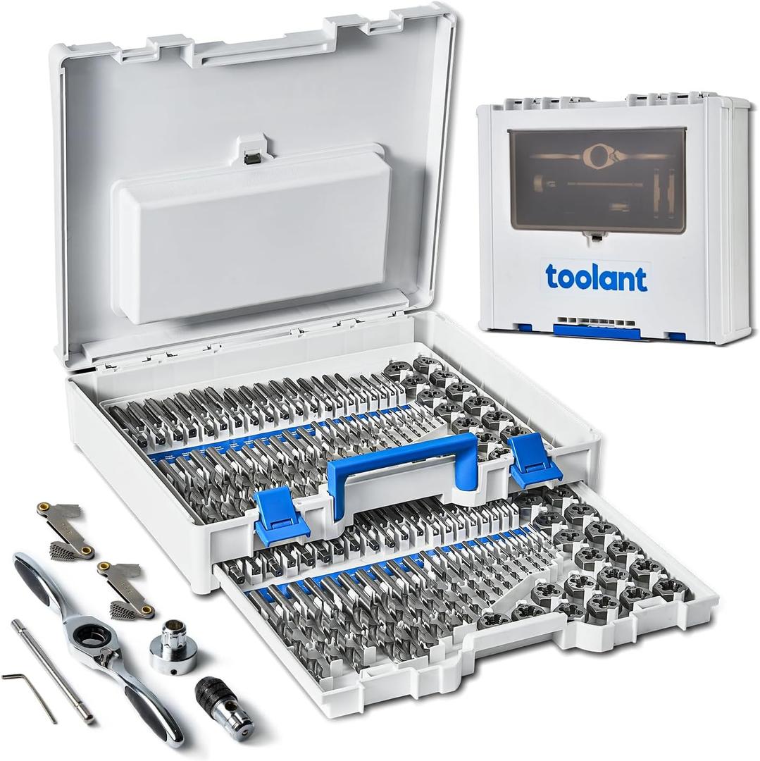toolant 127 Piece Ratcheting Tap and Die Set, SAE/Metric Tap and Die Set with Assortment Drill Bit for Threading, Double-Layer Tool Box