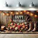 Western Cowboy Birthday Backdrop Wild West Rustic Happy Birthday Decorations Banner with Hat Boots Wood Wall Background for Adults Men Women Birthday Party Photography Props 71 x 43 Inch