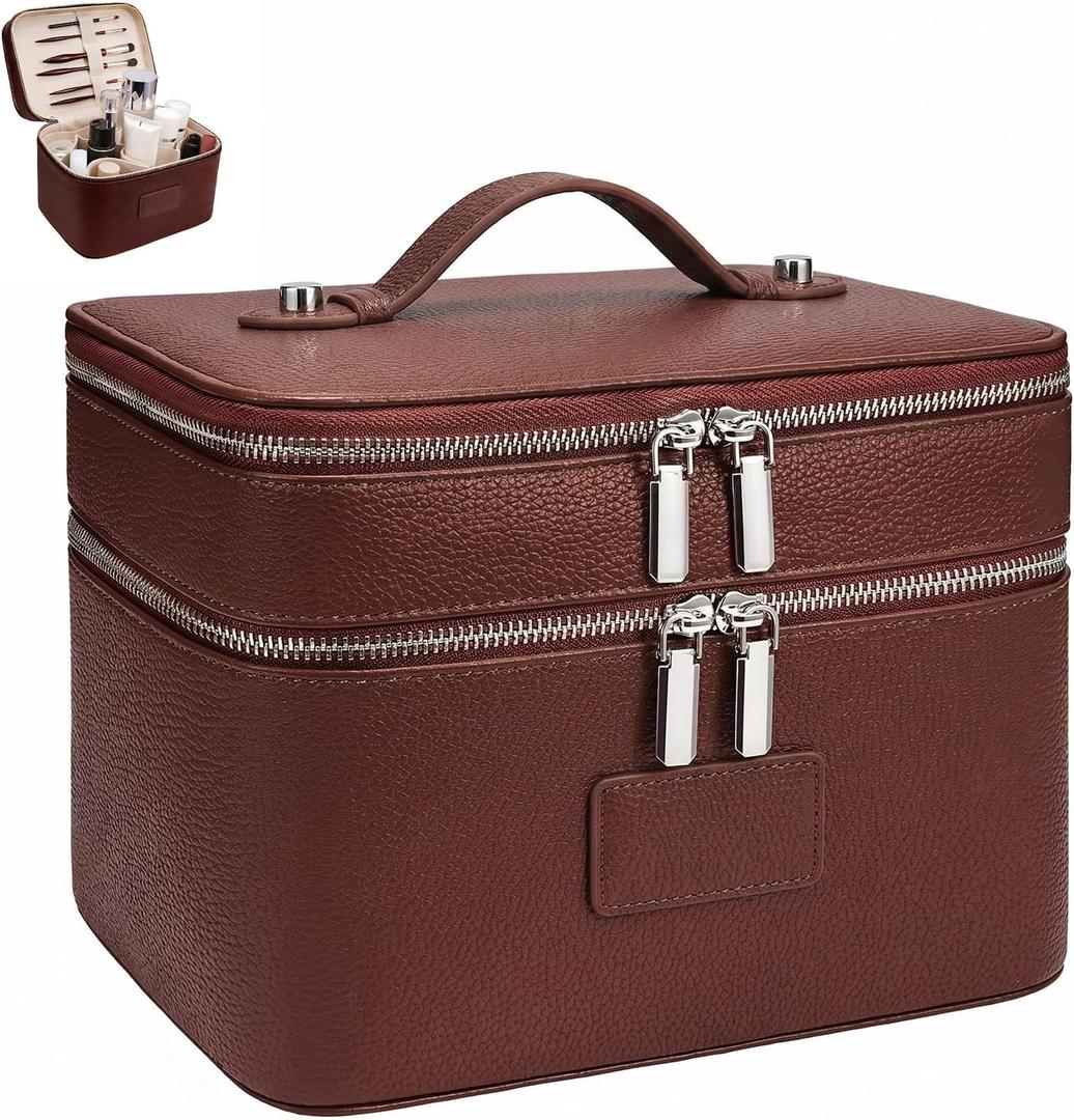 Makeup Case, Large Capacity Leather Makeup Bag for Women,Large Capacity Waterproof Double Leather Cosmetic Case,Removable Compartment Travel Organizer Brown (9.8x7x7.3in)