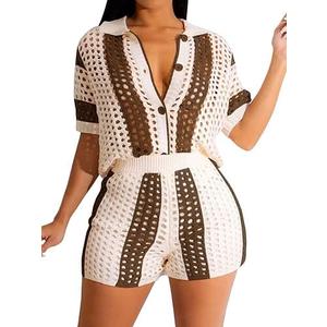KANSOON Short Sets Women 2 Piece Outfits Knit Color Block Short Sleeve Button Down Shirt and Shorts Set 2XL