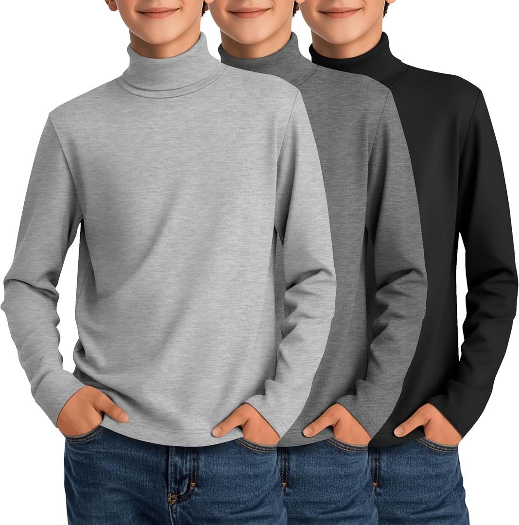 3 Pack Boys Turtleneck Tops Kids Long Sleeve Shirts Turtle Neck Pullover Undershirt Youth Basic Layer Warm Tops (13-14 Years, Light Gray, Dark Gray, Black)