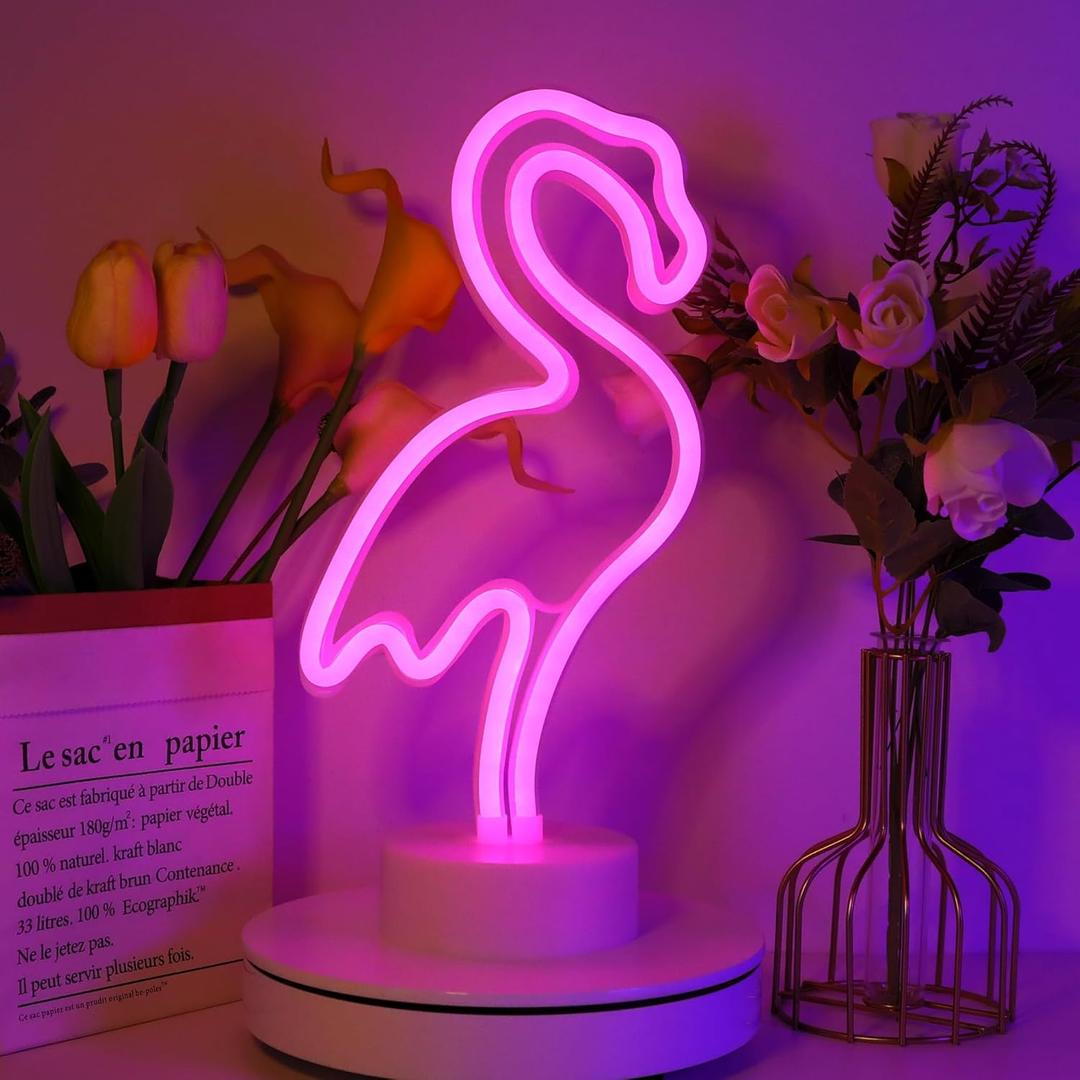 ENUOLI Flamingo Neon Light Signs Pink LED Neon Art Decorative with Holder Base Table Light Marquee Signs/Wall Decoration for Kids' Room Birthday Party Light Bar Recreational Wedding Party