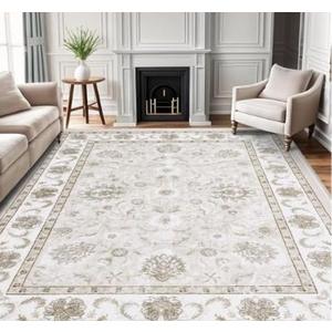 Smiry Floral Area Rug, 9x12 Feet Vintage Print Pattern, Machine Washable Non-Slip Floor Carpet, Low Pile Throw Rugs for Living Room, Bedroom, Dining Room, Laundry Indoor Home Decor, Beige