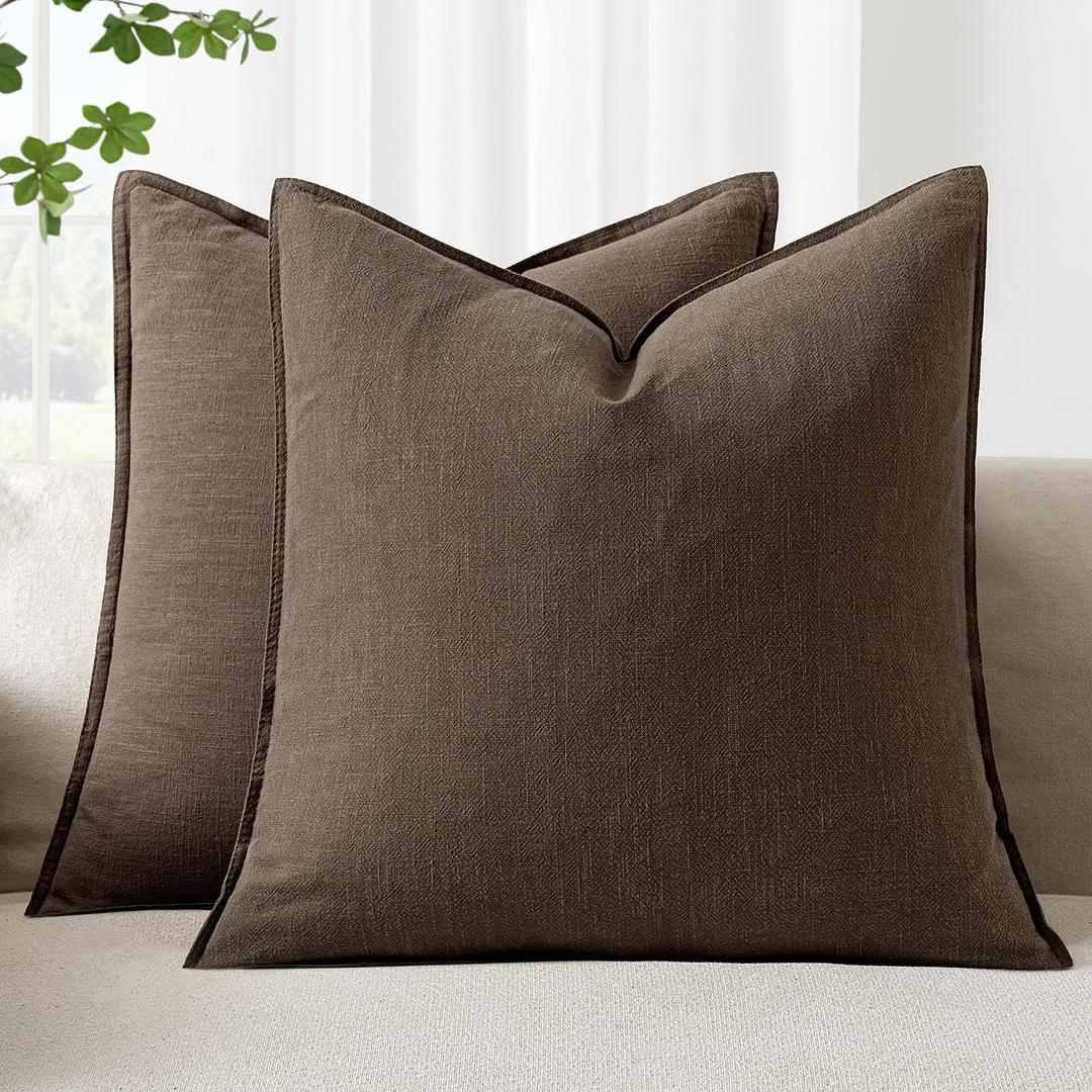 Woaboy 20x20 Inch Set of 2 Decorative Linen Solid Throw Pillow Covers Boho Accent Farmhouse Couch Pillowcases Modern Netural Home Decor for Couch Sofa Living Room Bed,Dark Coffee