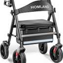 HOMLAND Rollator Walker for Seniors with Seat, Foldable Lightweight Aluminum Rolling Walker, 8" All-Terrain Wheels, Adjustable Height, Storage Bag & Hand Brakes, Ergonomic Indoor Outdoor Aid, Black