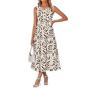 MISFAY Women Summer Maxi Dress Beach Vacation Sundress Sleeveless Button Casual Loose Shirt Dresses 2026 Hawaiian Outfits(Apricot Black Leaf, S)