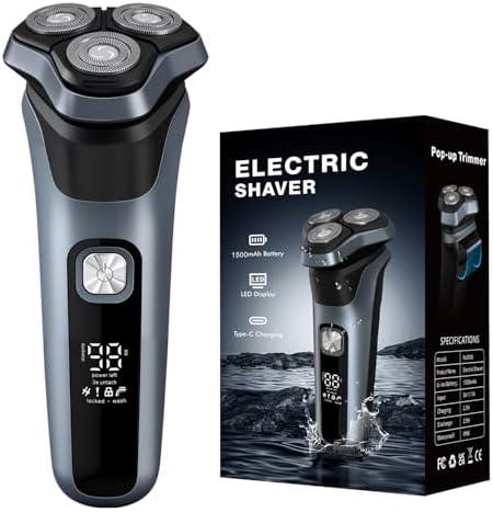 Veclexz Electric Shavers for Men, 150-Min Runtime, Wet/Dry Electric Razor with Waterproof Design, Pop-Up Trimmer, Magnetic Detachable Blade Heads, LED Display, Smoothly Adheres to Sensitive Skin, Blue