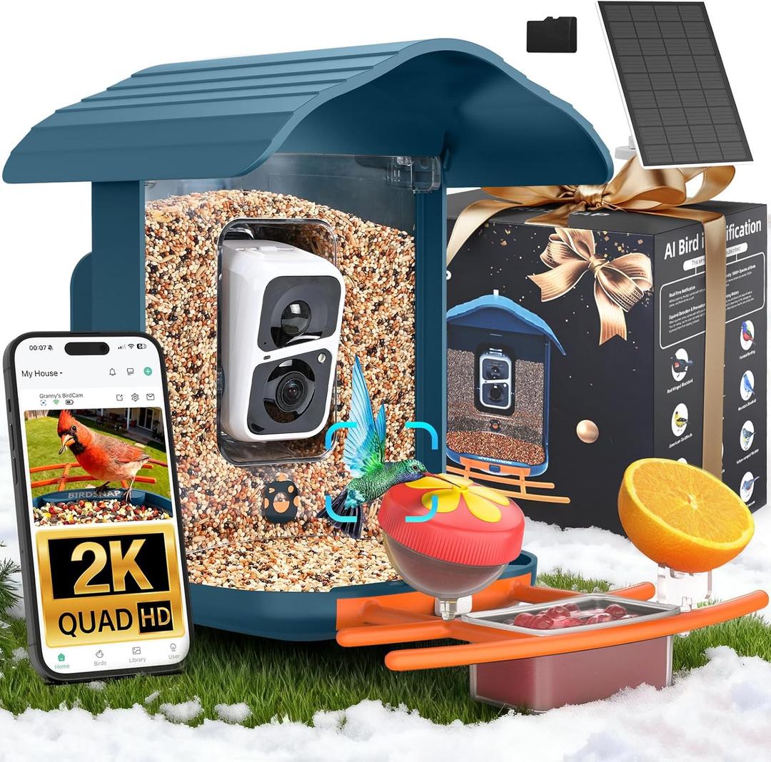 Birdsnap PAV-Bird Feeder with Camera,2K HD with 64GB Card, AI Identify Smart Bird House Cam Solar Panel,Live Stream,Motion Detection,Auto Record Video for Backyard Outdoors,Ideal Gift for Bird Lover (Blue)