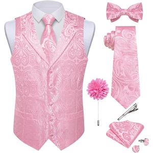 DiBanGu Mens Paisley Vest and Tie Set Silk Formal Suit Waistcoat and Bowtie Hankerchief Lapel Pin Set 8PCS for Wedding Party (X-Large)