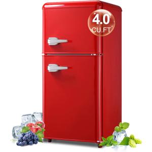 Retro Mini Fridge with Freezer 4.0 Cu. Ft, Small Refrigerator with 7 Level Adjustable Thermostat, Compact Classic Dual Door Fridge Removable Glass Shelves for Apartments, Dorm, Office, Red