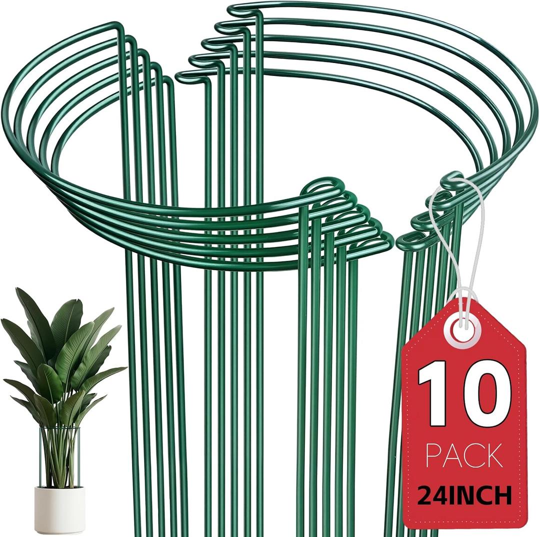 10 Pack Plant Support Stakes, 10" x 24" Peony Cages and Supports | Metal Rustproof Half Round Garden Plant Stakes for Indoor Outdoor Plants, Hydrangea, Rose, Monstera