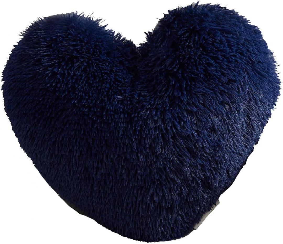 MorroMorn Fluffy Heart Throw Pillows, Shaggy Decorative Pillow for Sofa Couch Bed, Cute Room Decor Decorations for Women Girls Kids (Navy)