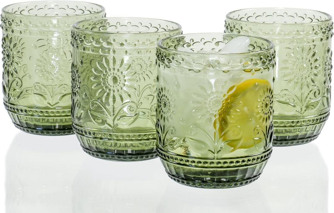 Vintage Botanist Drinking Glass Set, Luxurious Floral Embossed Decorative Green Glassware, Set of 4, 4-inch, 12 oz