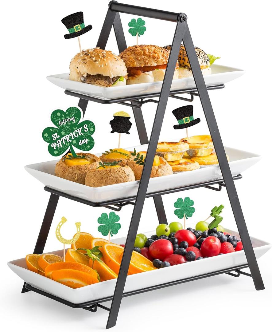 YHOSSEUN 3 Tier Serving Tray Tiered Tray Stand, Ceramic Serving Platters and Trays with Metal Rack, 10+12+14 Inch Large Serving Trays for Party 3 Tier Serving Stand Dessert Display Set, Black