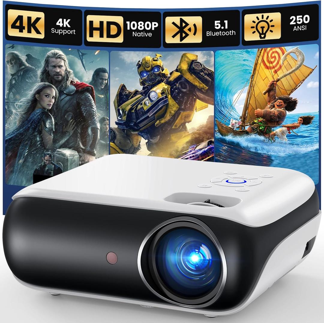 HAPPRUN Native 1080P Bluetooth Mini Projector, Full HD Portable Outdoor Movie Projector with Built-in Speaker, Compatible with Smartphone, HDMI, USB, AV, Fire Stick, PS5 for Home, Bedroom, Outdoor Use