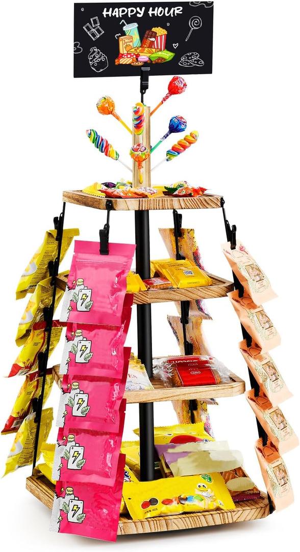 Chip Rack Display Stand for Party, 360 Wooden 4-Tier Snack Organizer, Candy Display Rack Holder, Lollipop Holder with DIY Handwritten Chalkboard for Party, Countertop, Concession Stand, and Pantry