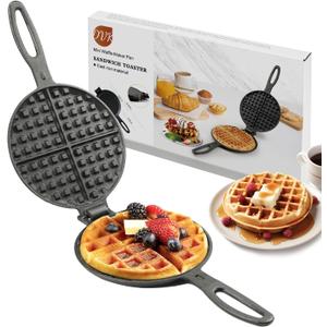 7 Inch Round Cast Iron Waffle Iron Plant Oil Care Two Piece Hinged Non Electric Waffle Maker for Indoor and Outdoor Picnics
