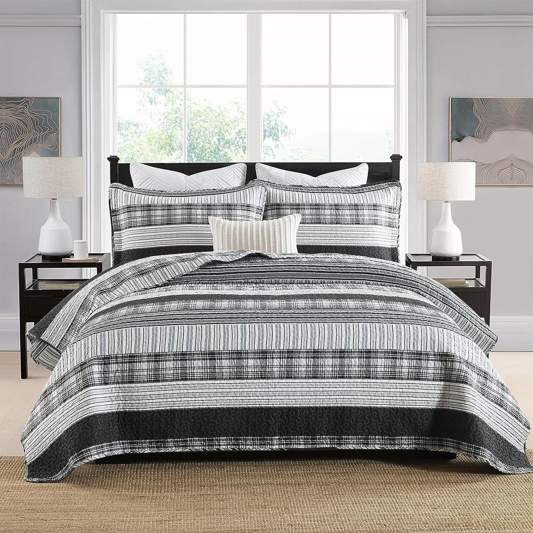 Homzard King Size Comforter - 100% Cotton, Black White Striped King Quilt Bedding Set,Black Grey Plaid Striped Bedding King,Farmhouse Lightweight Comforter for Bed,All Season