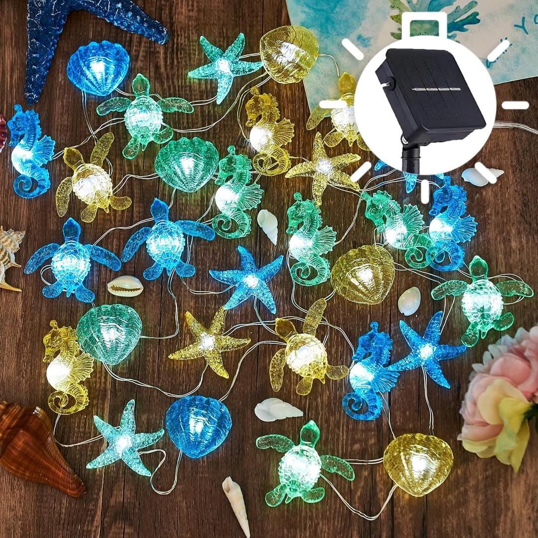 Coastal Solar String Lights Outdoor Garden Lights Marine Life Solar Fairy Garden Lights for Outside 14ft 40LED Waterproof Turtle Seahorse Starfish Clam Beach House Nautical String Lights Yard Decor, Under the sea