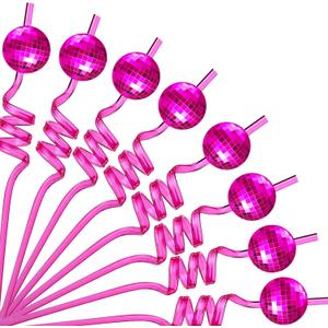 Pink Disco Ball Reusable Swirly Straw 12 pcs, Disco Bachelorette Decorations,Groovy Birthday Party Supplies, 70s 80s, Best for Your Party (pink)