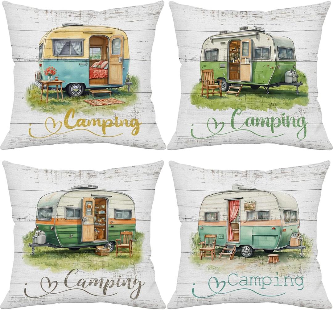 Camping Pillow Covers 18x18 Inch,Set of 4 Rustic Vintage Camper Throw Pillowcases, Linen Cushion Covers with Retro Travel Trailer Design for Sofa CouchOutdoor Dcor