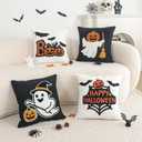 Jonhier Halloween Decorative White Throw Pillow Cover, Fall Embroidered Pumpkin Pillowcase for Sofa Couch Bed, Textured Bat Pattern Thanksgiving Cushion Home Decor (Happy Halloween, 18 x 18)