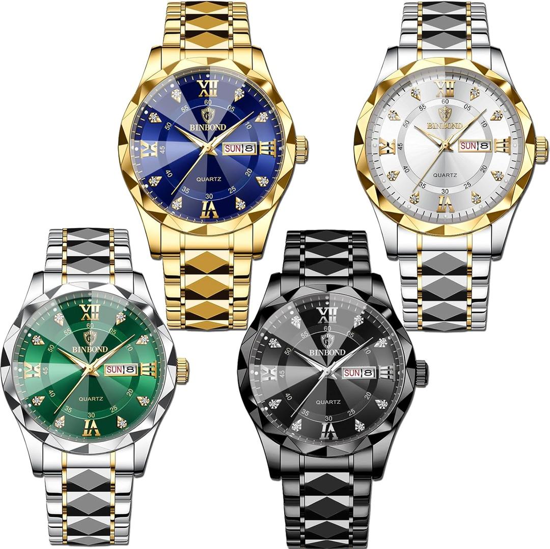 4 Pack Men Watches Diamond Business Dress Analog Quartz Stainless Steel Waterproof Luminous Date Silver Blue Black Gold Luxury Casual Watch for Men