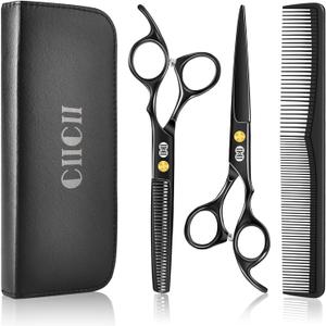 CIICII Hair Cutting Scissors Shears Kit, Professional Barber Haircut Scissors Set (6.7 Inch Hair Beard Hairdressing Trimming Haircutting Thinning Shears) for Men Women Hairdresser Home Salon (Black)