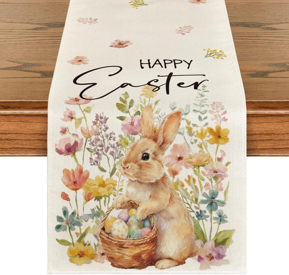 Artoid Mode Rabbit Bunny Eggs Flowers Basket 210 GSM Easter Table Runner, Seasonal Spring Kitchen Dining Table Decoration for Home Party Decor 13x120 Inch (Beige)