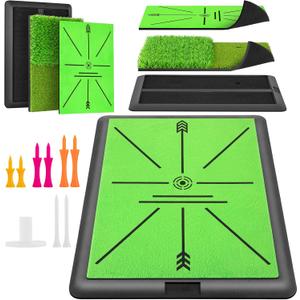 Golf Hitting Mat, Golf Mats Practice Outdoor Indoor for Swing Path Feedback Detection Batting, 16"x12" Artificial Dual Turf Golf Mat with Tees for Training, Driving, Chipping