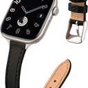 STIROLL Slim Leather Bands Compatible with Apple Watch Band 38mm 40mm 41mm 42mm(Series 11 10), Top Grain Leather Watch Thin Wristband for iWatch SE 9 8 7 6 5 4 3 2 1 (Black Starlight)