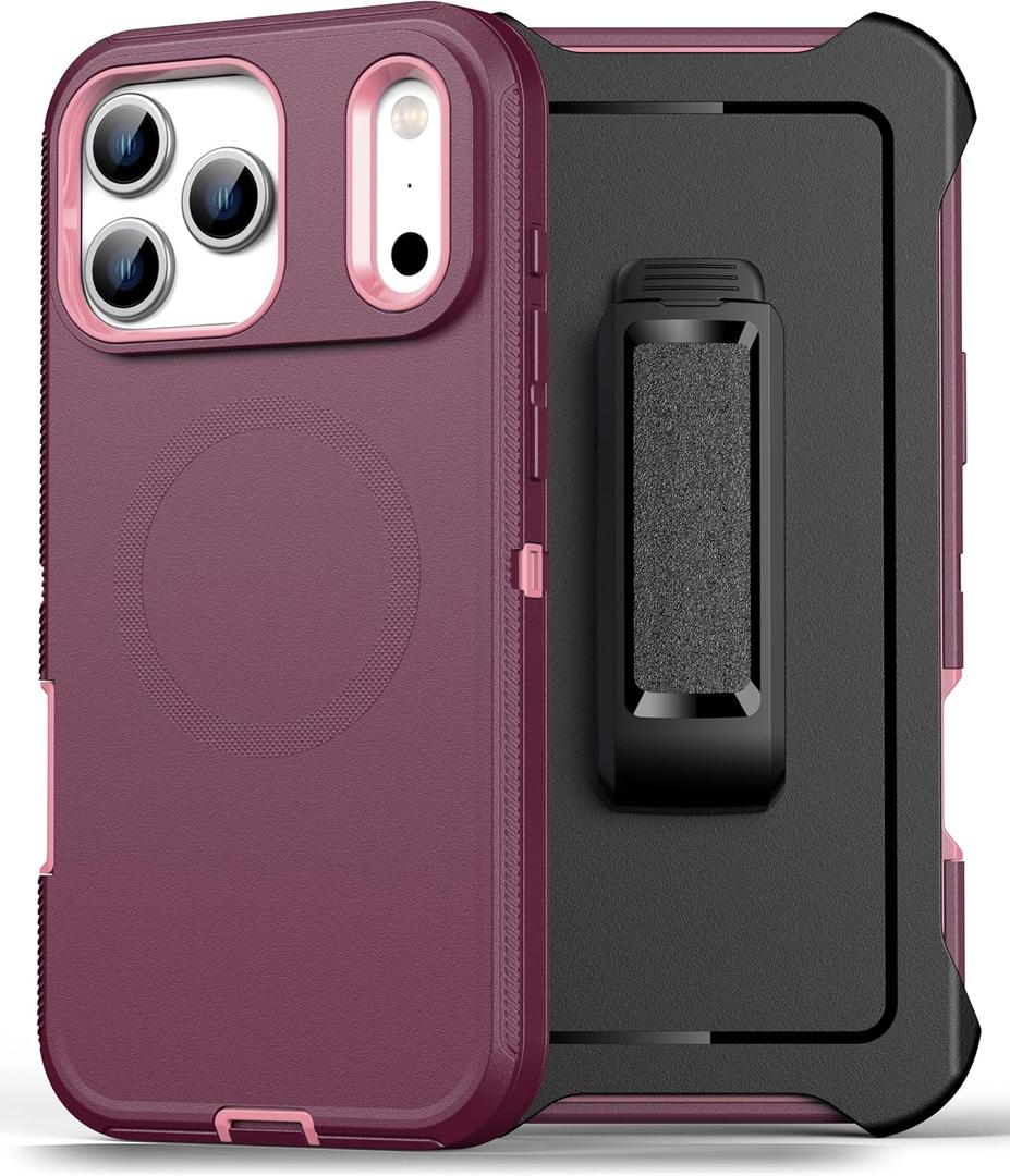 Magnetic Case for iPhone 17 Pro Max with blet Clip Holster,[2X Screen Protector] [Military-Grade Protection], Heavy Duty Case for iPhone 17 Pro Max 6.9 Inchs,Red-Pink