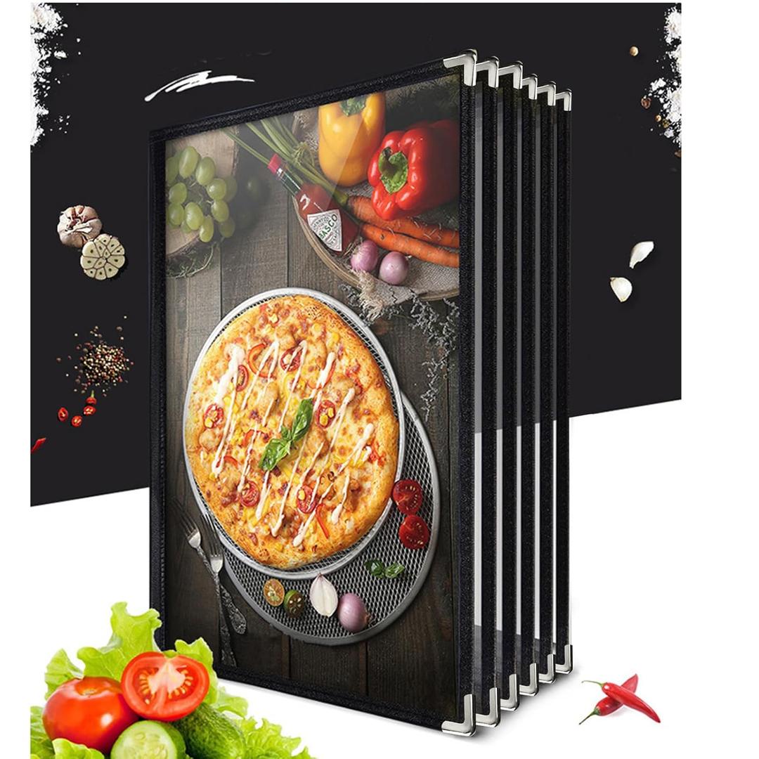 6 Pages 12 View Menu Covers Double Stitched Black Silver Corners and Matte Finish Opend for Restaurant Cafe Accommodate A4 Paper