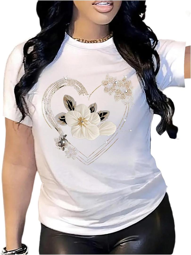 SweatyRocks Women's Floral Top T Shirts Summer Graphic Tees Short Sleeve Crew Neck Tops (White, S)