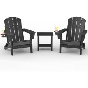 Folding Adirondack Chair Set of 2 with Side Table, HDPE All-Weather with Cup Holder, Chair x2+Table x1