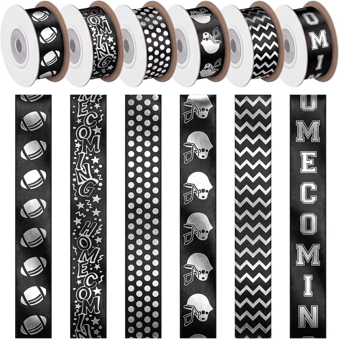 60 Yard Homecoming Mum Ribbon 7/8'' Black and Silver Football Satin Ribbon