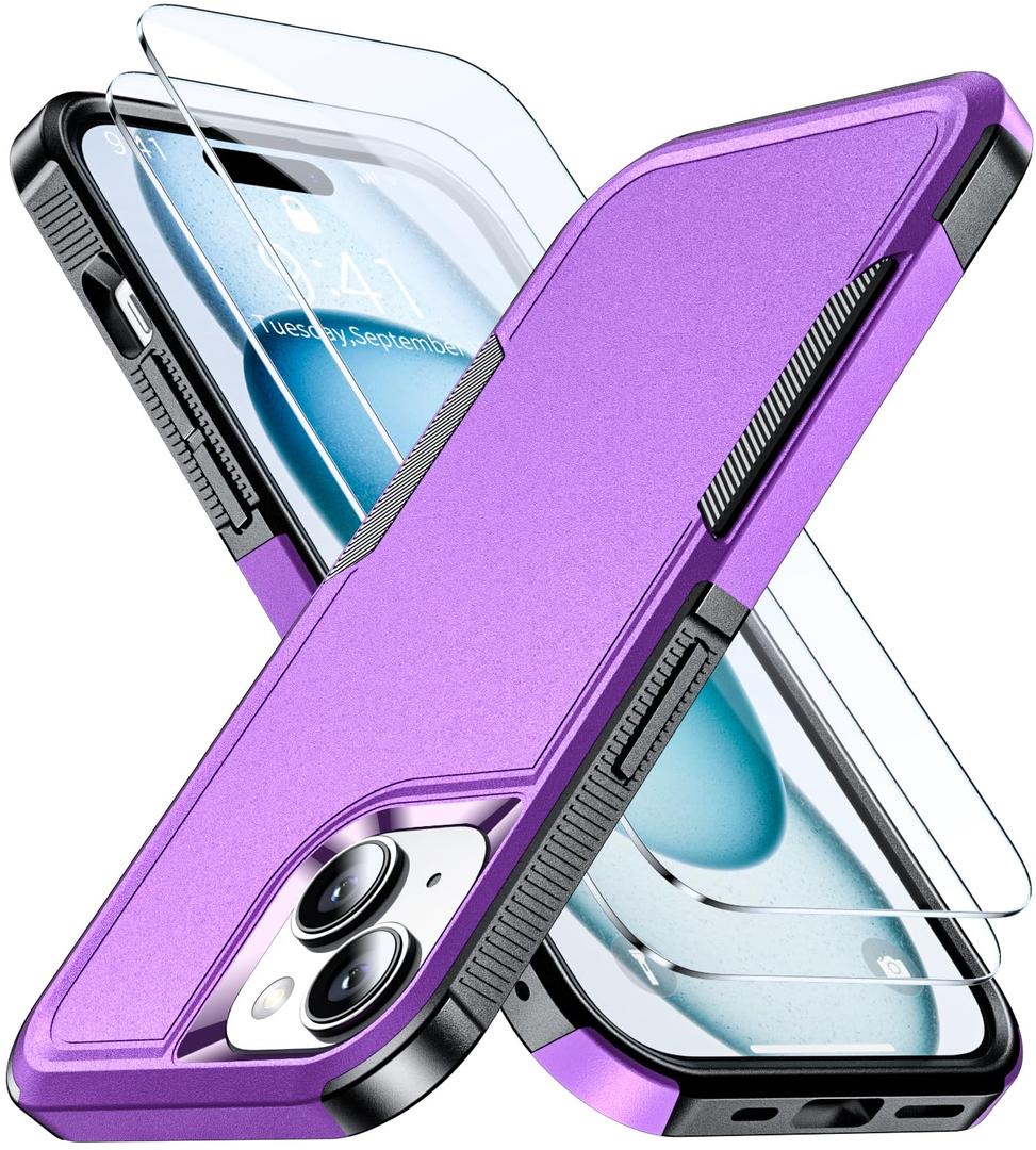 AEDILYS® for Apple Recommend Shockproof iPhone 15 Case,[15 FT Military Grade Drop Protection],with 2X [Kevlar® 9H Glass Screen Protector] (Purple)