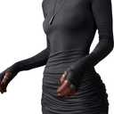 Generic Women's Drawstring Side Ruched Bodycon Dress Solid Long Sleeve Crewneck Pencil Dress Dark Grey X-Large