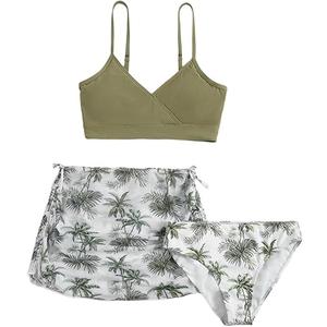 COZYEASE Girls' 3 Piece Set Floral Print Bikini Swimsuit with Drawstring Beach Skirt Cute Ruched Bathing Suit green with White 11 Years